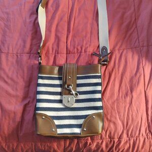 CHAPS cross-body bag, navy blue and white stripes, brown trim, about 8" x 9"